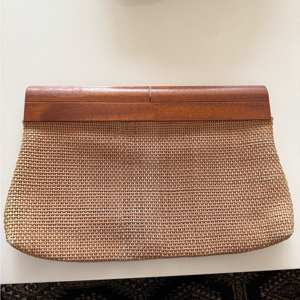 Neiman Marcus Leather Cream Clutch with Wooden Detail